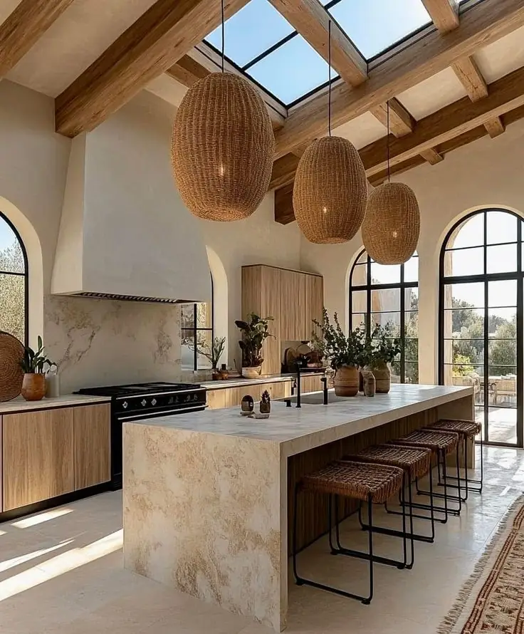 Visualización de una cocina con isla de acabado continuo y vigas de madera