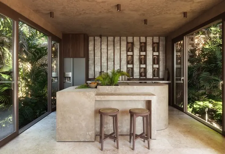 Visualización de una terraza cubierta con cocina de isla y jardín